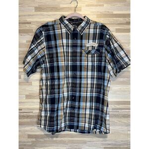 Kavu Mens Shirt XL Short Sleeve Button Up Blue Plaid Pattern Cotton Rayonne #165